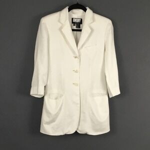 DKNY Blazer Womens Petite 4P White Linen Long Single Breasted 3/4 Sleeve Jacket